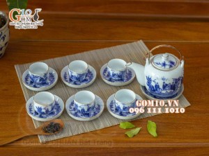 Bộ ấm chén dáng vại men lam cổ vẽ trúc lâm thất hiền, chỉ vàng kim, 600ml