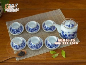 Bộ ấm chén dáng vại men lam cổ vẽ trúc lâm thất hiền, chỉ vàng kim, 600ml