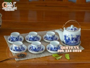 Bộ ấm chén dáng vại men lam cổ vẽ trúc lâm thất hiền, chỉ vàng kim, 600ml