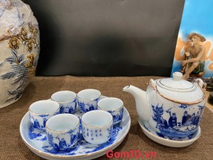 Bộ ấm chén dáng vại men lam cổ vẽ Trúc Lâm Thất Hiền kẻ chỉ viền vàng kim, khay tròn 450ml