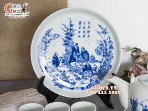 Bộ ấm chén dáng vại men lam cổ vẽ Trúc Lâm Thất Hiền, khay tròn 450ml