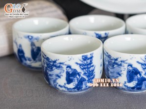 Bộ ấm chén dáng vại men lam cổ vẽ Trúc Lâm Thất Hiền, khay tròn 450ml