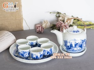 Bộ ấm chén dáng vại men lam cổ vẽ Trúc Lâm Thất Hiền, khay tròn 450ml