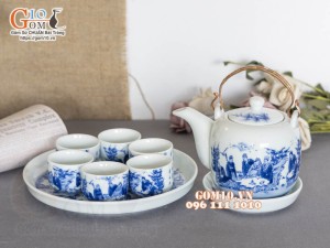 Bộ ấm chén dáng vại men lam cổ vẽ Trúc Lâm Thất Hiền, khay tròn 450ml