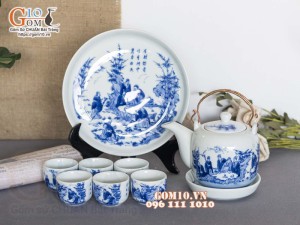 Bộ ấm chén dáng vại men lam cổ vẽ Trúc Lâm Thất Hiền, khay tròn 450ml