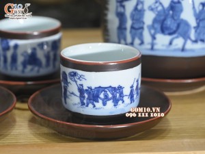 Bộ ấm chén dáng vại men nâu chỉ đỏ cảnh Vinh Quy Bái Tổ, 600ml