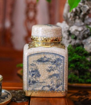 Bộ ấm chén dáng vại men rạn cổ bọc đồng, cảnh sơn thủy, đầy đủ phụ kiện