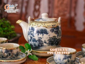 Bộ ấm chén dáng vại men rạn cổ bọc đồng, đầy đủ phụ kiện