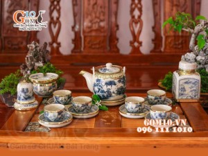 Bộ ấm chén dáng vại men rạn cổ bọc đồng, đầy đủ phụ kiện