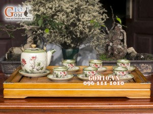 Bộ ấm chén dáng vại men vuốt, vẽ hoa sen 450ml