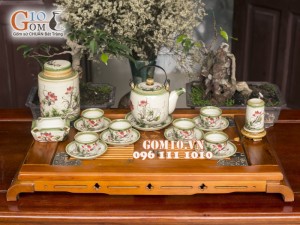 Bộ ấm chén dáng vại men vuốt, vẽ sen, đầy đủ phụ kiện 600ml