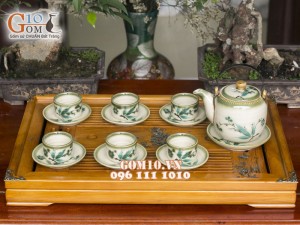 Bộ ấm chén dáng vại men vuốt, vẽ tre xanh 450ml