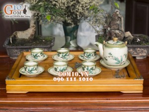 Bộ ấm chén dáng vại men vuốt, vẽ tre xanh 450ml