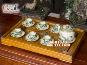 Bộ ấm chén dáng vại men vuốt, vẽ tre xanh 450ml