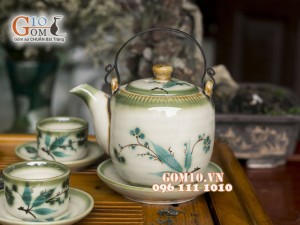 Bộ ấm chén dáng vại men vuốt, vẽ tre xanh 450ml