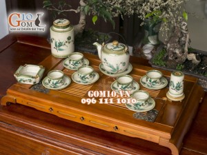 Bộ ấm chén dáng vại men vuốt, vẽ tre xanh, đầy đủ phụ kiện 600ml