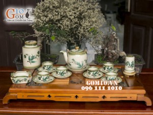 Bộ ấm chén dáng vại men vuốt, vẽ tre xanh, đầy đủ phụ kiện 600ml