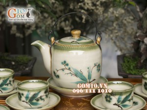 Bộ ấm chén dáng vại men vuốt, vẽ tre xanh, đầy đủ phụ kiện 600ml