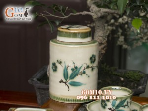 Bộ ấm chén dáng vại men vuốt, vẽ tre xanh, đầy đủ phụ kiện 600ml