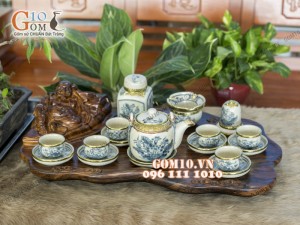 Bộ ấm chén dáng vại vẽ sen men rạn cổ bọc đồng, đầy đủ phụ kiện