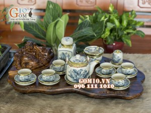 Bộ ấm chén dáng vại vẽ sen men rạn cổ bọc đồng, đầy đủ phụ kiện