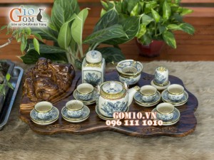 Bộ ấm chén dáng vại vẽ sen men rạn cổ bọc đồng, đầy đủ phụ kiện