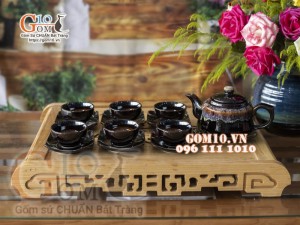 Bộ ấm chén dáng vuông dẹt đỏ men hỏa biến, 350ml