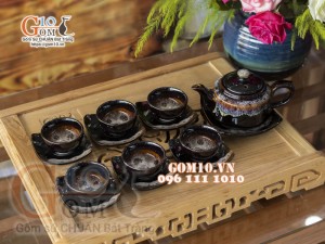 Bộ ấm chén dáng vuông dẹt đỏ men hỏa biến, 350ml