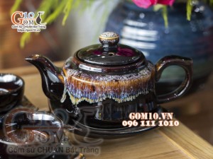 Bộ ấm chén dáng vuông dẹt đỏ men hỏa biến, 350ml