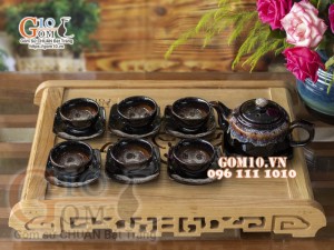 Bộ ấm chén dáng vuông dẹt đỏ men hỏa biến, 350ml