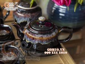 Bộ ấm chén dáng vuông dẹt đỏ men hỏa biến, đầy đủ phụ kiện 350ml