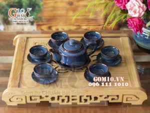 Bộ ấm chén dáng vuông dẹt men hỏa biến 350ml