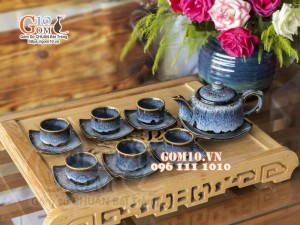 Bộ ấm chén dáng vuông dẹt men hỏa biến cẩm thạch 350ml