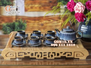 Bộ ấm chén dáng vuông dẹt men hỏa biến cẩm thạch 350ml