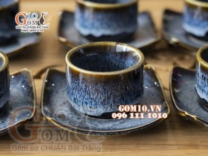 Bộ ấm chén dáng vuông dẹt men hỏa biến cẩm thạch 350ml