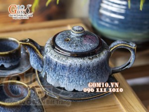 Bộ ấm chén dáng vuông dẹt men hỏa biến cẩm thạch 350ml