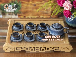 Bộ ấm chén dáng vuông dẹt men hỏa biến cẩm thạch 350ml