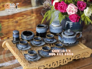 Bộ ấm chén dáng vuông dẹt men hỏa biến cẩm thạch, đầy đủ phụ kiện 350ml