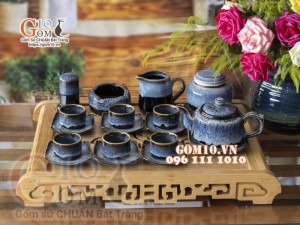 Bộ ấm chén dáng vuông dẹt men hỏa biến cẩm thạch, đầy đủ phụ kiện 350ml