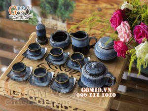 Bộ ấm chén dáng vuông dẹt men hỏa biến cẩm thạch, đầy đủ phụ kiện 350ml