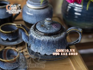 Bộ ấm chén dáng vuông dẹt men hỏa biến cẩm thạch, đầy đủ phụ kiện 350ml