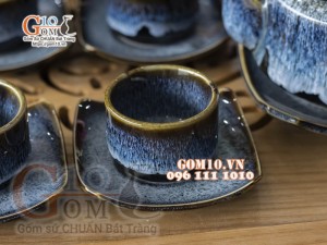 Bộ ấm chén dáng vuông dẹt men hỏa biến cẩm thạch, đầy đủ phụ kiện 350ml