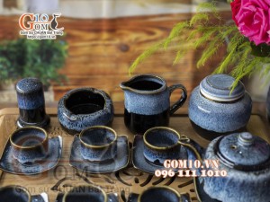 Bộ ấm chén dáng vuông dẹt men hỏa biến cẩm thạch, đầy đủ phụ kiện 350ml