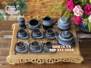 Bộ ấm chén dáng vuông dẹt men hỏa biến cẩm thạch, đầy đủ phụ kiện 350ml