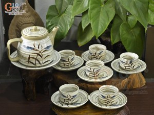 Bộ ấm chén dáng vuông gốm hồng sa vẽ bông lau, 350ml