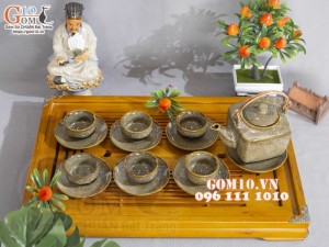 Bộ ấm chén dáng vuông men hỏa biến gấm vàng 400ml