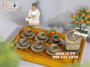 Bộ ấm chén dáng vuông men hỏa biến gấm vàng 400ml