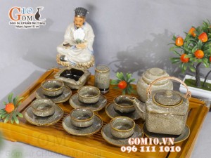 Bộ ấm chén dáng vuông men hỏa biến gấm vàng đầy đủ phụ kiện, 400ml