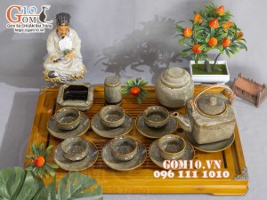 Bộ ấm chén dáng vuông men hỏa biến gấm vàng đầy đủ phụ kiện, 400ml