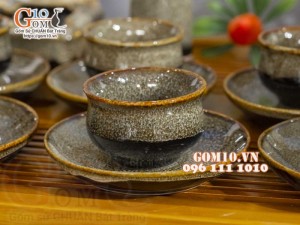 Bộ ấm chén dáng vuông men hỏa biến gấm vàng đầy đủ phụ kiện, 400ml